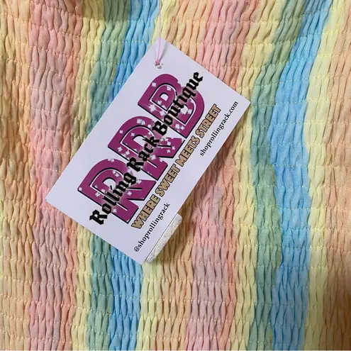 Aakaa NWT pastel rainbow smocked ruffle tiered shoulder tie midi dress Sz Large