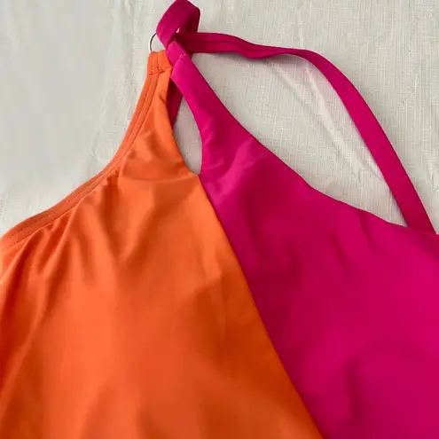 Lands End Orange & Magenta Pink One Shoulder Swimsuit Size M