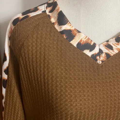 Anna Kaci Leopard Panel Waffle Knit V Neck Sweater Brown Size L