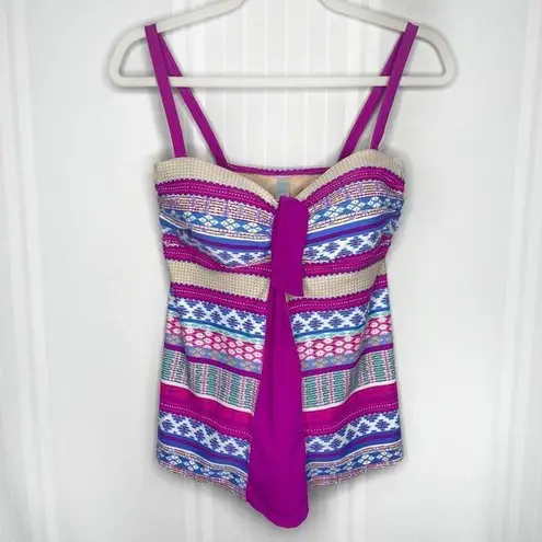 Tropical Escape  Striped Tankini Swim Tie Tank Top Neon Purple Blue Tan Size 8