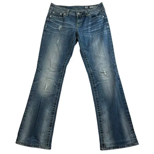 Miss Me  Sz 28 Easy Boot Cut Jeans Low Rise Bling Pockets Distressed HEMMED Blue - Image 1