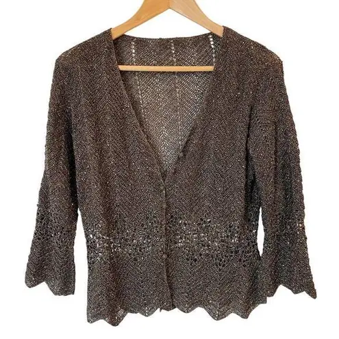 Carmen Marc Valvo Scalloped Hem Beaded Open Knit Cardigan and Tank Top Brown