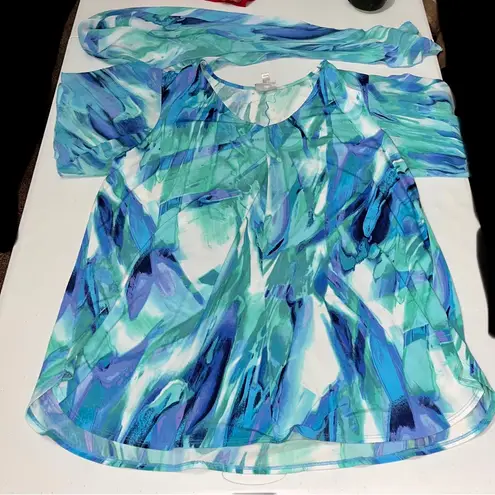 Avenue Boho V Neck Blouse w/Matching Sheer Scarf