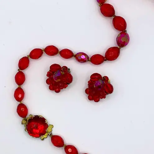 Monet Vintage 1960s Hong Kong Iridescent Red Acrylic Bead Necklace & Clip-On Earrings