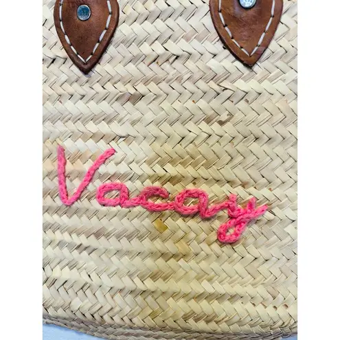 POOLSIDE Woven Straw Open Tote Pink “VACAY” Text Leather Handle Tote Purse