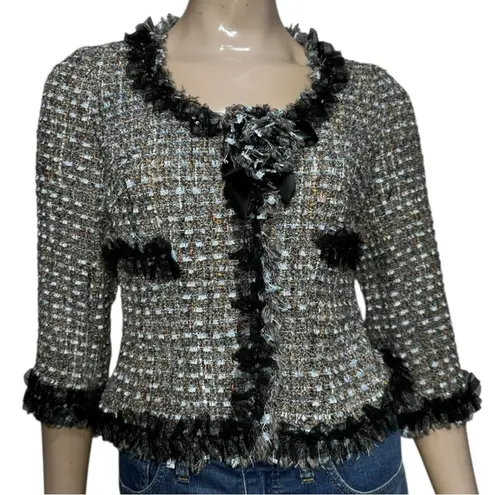 Rickie Freeman Teri Jon Women’s Size 4 Gray Blue Tweed Wool Blend Boucle Jacket Black