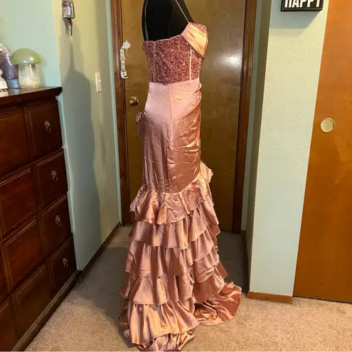 NWOT pink satin mermaid prom dress strapless corset lace up back front slit 4