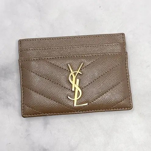 Saint Laurent YSL Monogram Logo Quilted Grained Leather Card Holder Taupe Gold - Image 3