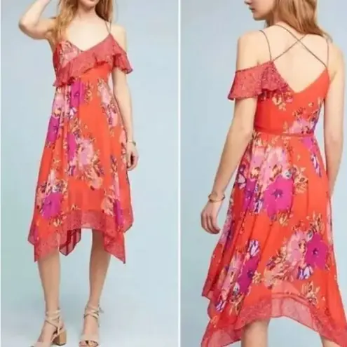 Maeve Anthropologie Grecia Ruffle Floral Chiffon Dress Asymmetrical Size 8 Women