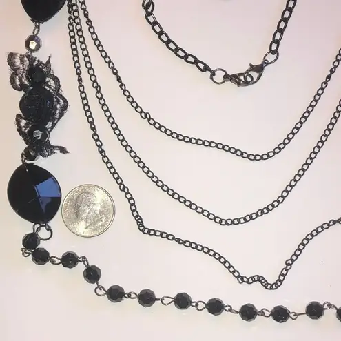 Silver Tone & Black Beaded Lace Multi Strand Boho Necklace