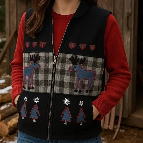 Cambridge Dry Goods Vest Plaid Moose Holiday Christmas Novelty Womens Medium Black