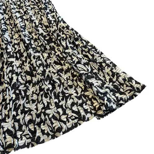 Diane Freis Georgette Black White Floral Dress Smocked Waist Asymmetrical Large