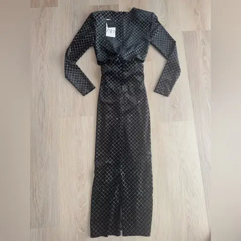 ZARA  Black & Silver Glittery Velvet Long Sleeve Dress - Size XS