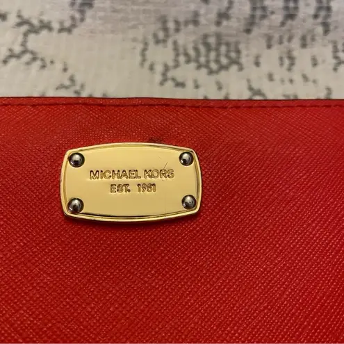 Michael Kors  Long Red Saffiano Leather Three Quarter Zip Wallet w/Gold Hardware