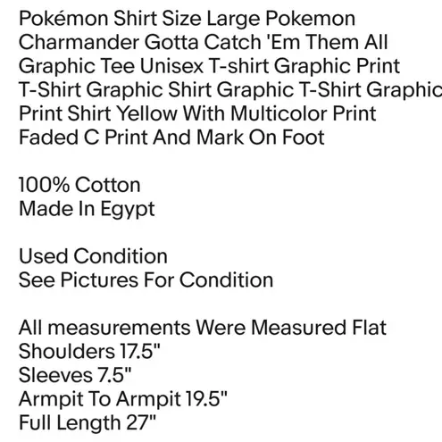 Pokémon Shirt Size Large Pokemon Charmander Gotta Catch 'Em Them All Graphic Tee Unisex T-shirt