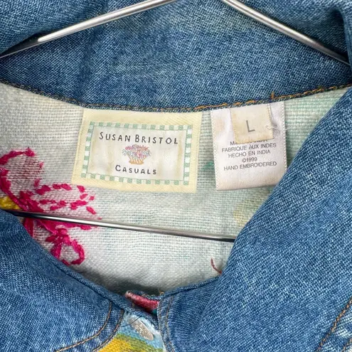 Susan Bristol Vintage Bright Hand Painted & Embroidered Floral Jean Jacket Retro