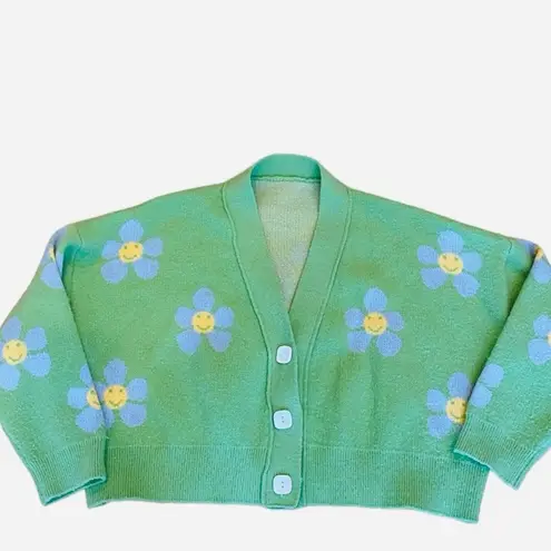 Cropped Oversized Cardigan Sweater Daisy Smile Face Green Blue Yellow M Size M