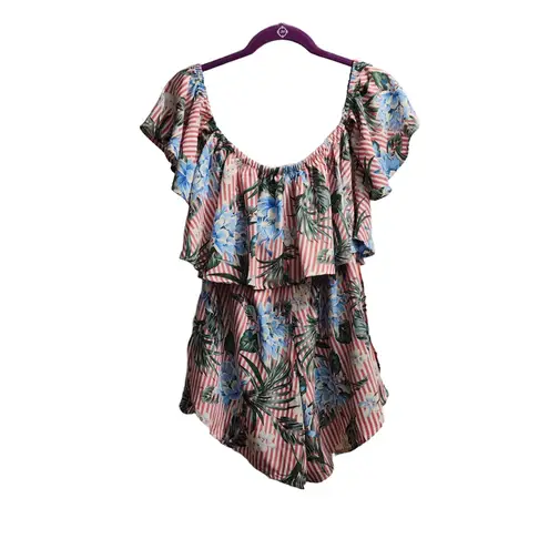 LAtiste By Amy Rompers Womens Size Small Floral Stripe Ruffled OffShoulder Boho Red