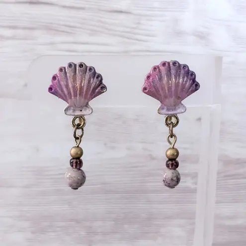 Vintage Clip On Earrings Scallop Shell Shape Dangle Purpley Pinky Tones