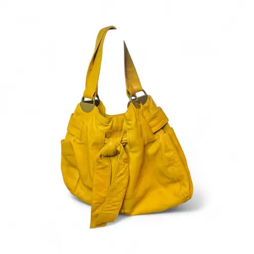 Kooba Vintage Mustard Yellow Leather Tote Bag with Bow Detail & Gold Hardware