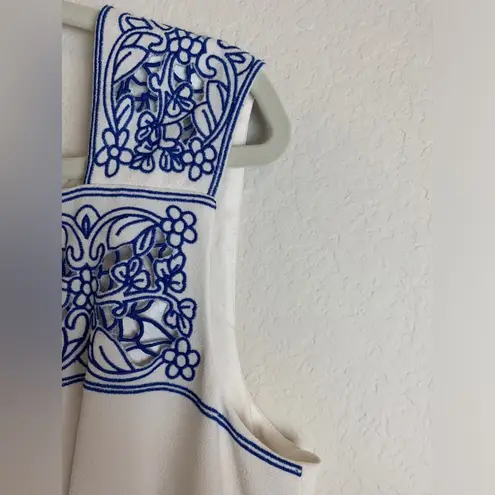 Antonio Melani Antonio Melanie White Dress with Blue Embroidery, Size 14