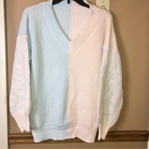 V Neck Leopard Color Block Patchwork Oversized Sweater Pink Blue Small