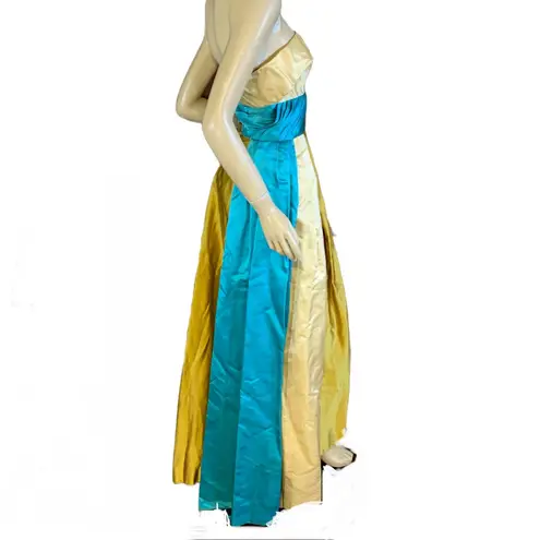 VINTAGE CIRCA 1960 CREAM, GOLD & TURQUOISE STRAPLESS SATIN FORMAL DRESS (XS) Blue