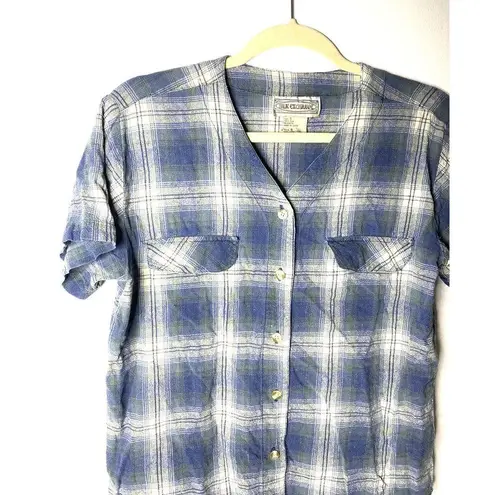 VTG Silk Exchange Blue Plaid Button Up V Neck Short Sleeve Silk Shirt Womens S