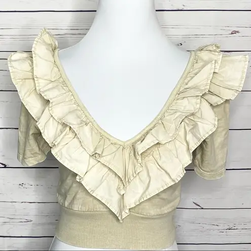 ZARA  Beige Cream Ruffled V-Neck Crop Top Size Small