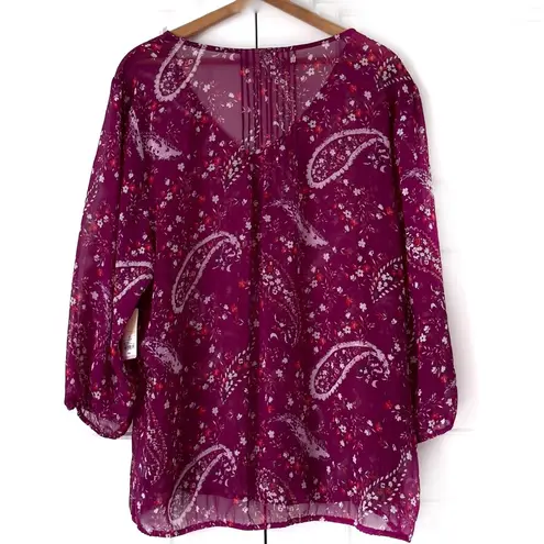 st. john's bay  Womens Sheer Floral Tunic Top 2X Purple Popover Buttons Paisley