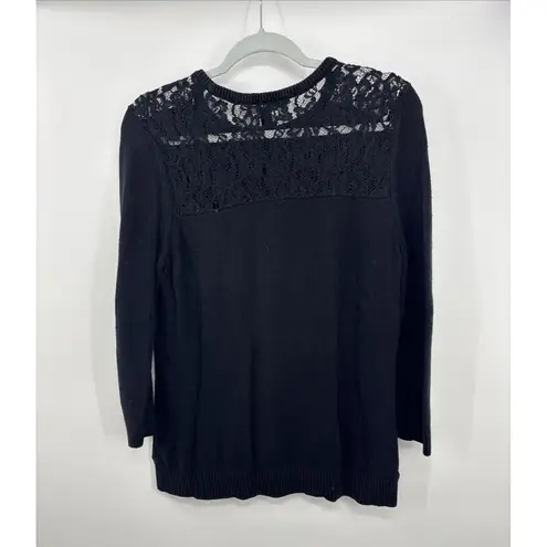 Lauren Ralph Lauren Womens Black Lace Inset Ribbed Trim 3/4 Sleeve Sweater XL