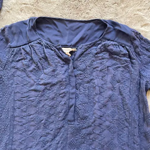 Rebecca Taylor Size 4 Navy Blue Silk Lace Trim Long Sleeve Embroided Top Blouse