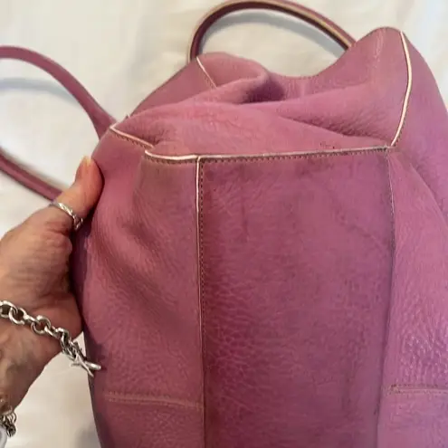 Levenger leather handbag satchel lavender with white piping clean inside EUC Purple - Image 12