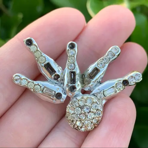 🎳Vintage Silver Rhinestones Bowling Brooch/Pin // FLAWS! MISSING RHINESTONES