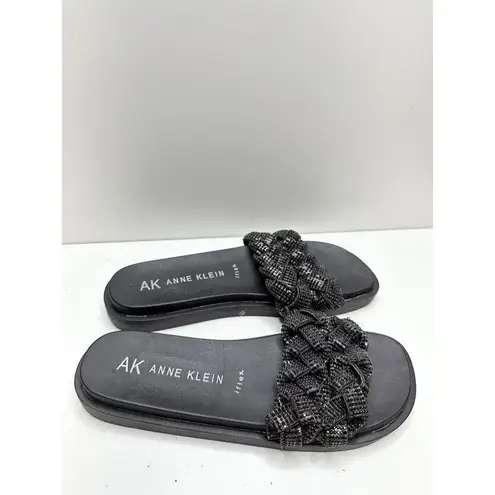 Anne Klein  Sandals Women 6 Black Journi Rhinestone Embellished Flat Slides