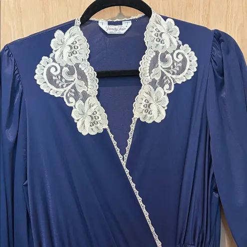 Vtg Vanity Fair Dressing Gown Blue Full Length Robe Cream Lace Trim Size Small
