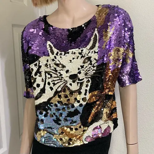 Vintage Fully Sequinned & Beaded Wild Cat Leopard Dolman Sleeve Silk Top Size S Black