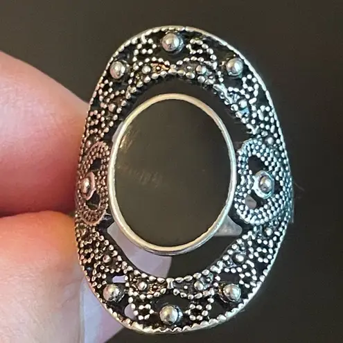 Black obsidian S925 antique silver statement ring