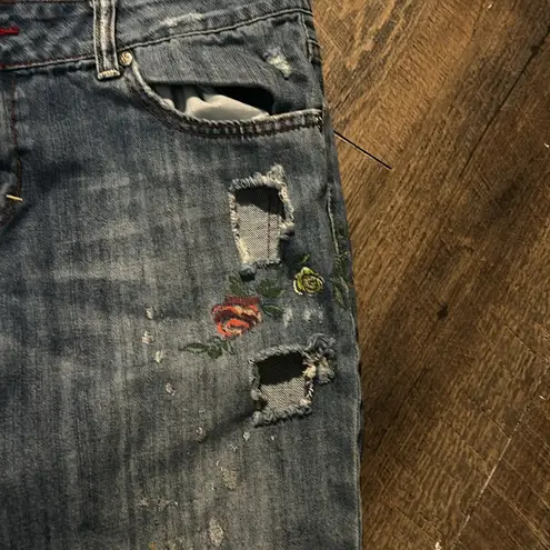 Jessica Simpson  Low Rise JeansY2K Fray Flare Floral Painted‎ Denim Women's 8