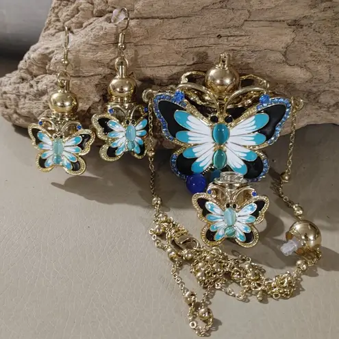 Perfume Butterfly Statement Jewelry Set Necklace Earring Ring Enamel Detailing Blue