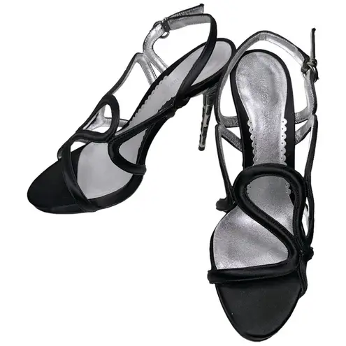 Giorgio Armani Women’s Size 6 Black Satin Strappy Open Toe Silver Jeweled Heels