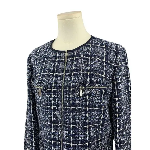 Lafayette 148 New York Womens Tweed Jacket Size 10 Blue/White Zipper Front Blue