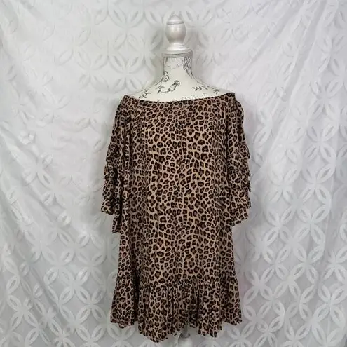 Fate Oversized Leopard Print Dress W/ Tiered Ruffle Sleeves & Ruffle Hem Size S Brown