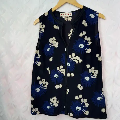 MARNI Silk Crepe Sleeveless Floral V Neck Blue Blouse Size 6 EU 42