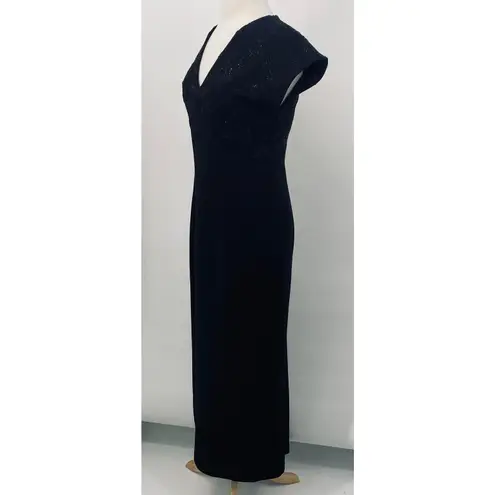 Vintage 90s Beaded Bodice Maxi Dress Knit Fitted Column Gown Empire Waist Black Size 8