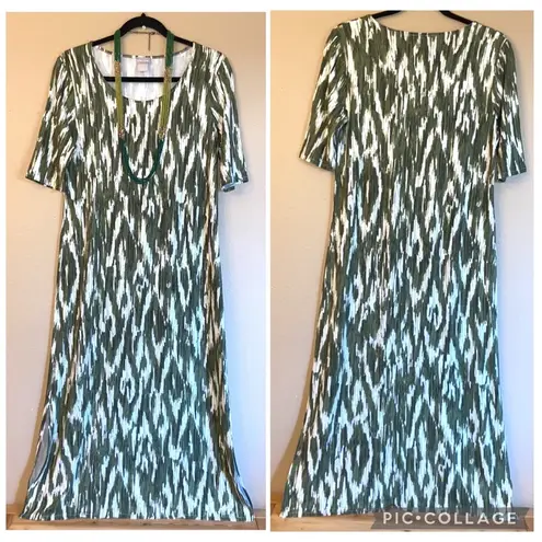 Chico's  Size 0/S/4 Olive Green Ivory Batik Short Sleeve Slinky Knit Midi Dress
