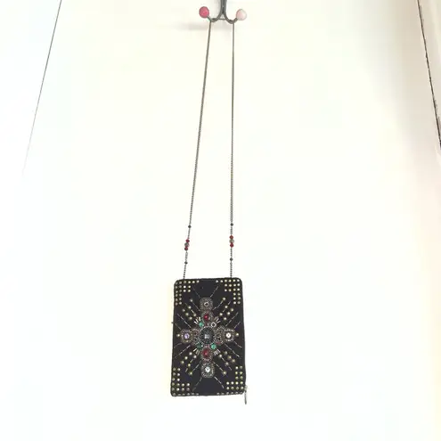 Mary Frances Brown Gold Beaded Cross Phone Bag Handbag Purse Crossbody Clutch