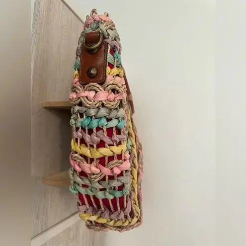 Patricia Nash Lesa Multicolor Pastel Straw Bag Wood Ring Handle Boho NO STRAP