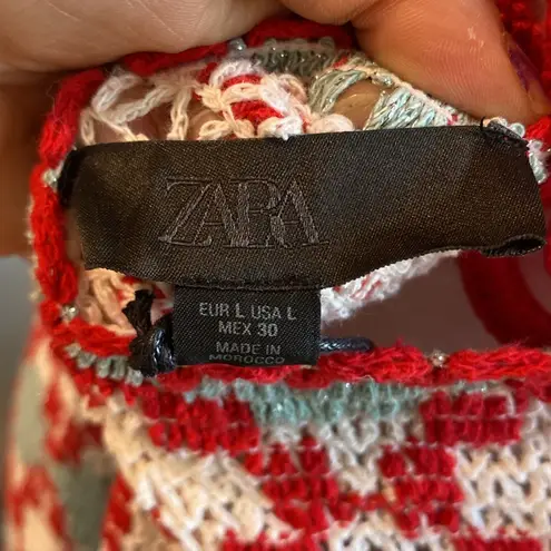 ZARA New  Red and White Crochet Halter Dress GEOMETRIC PRINT KNIT HALTER Size L