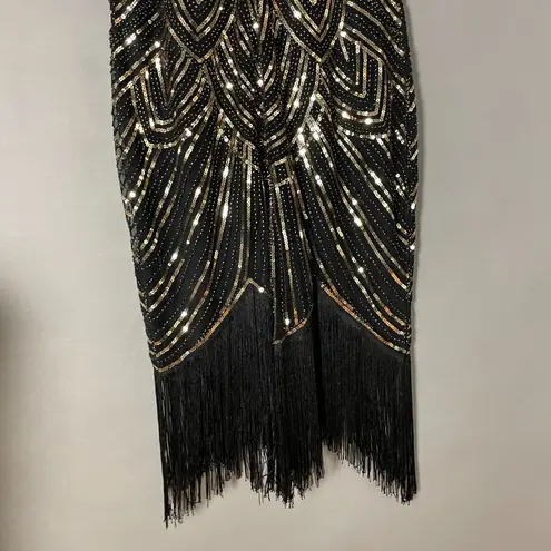 Fundaisy Flapper Dress NYE Beads Sequins Fringe Sz 2XL Great Gatsby 1920s Party Black